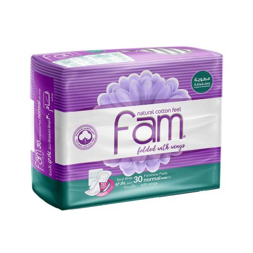 Fam – Natuurlike katoengevoel, Maxi dik, gevou met vlerke, normale sanitêre doekies, 30 doekies