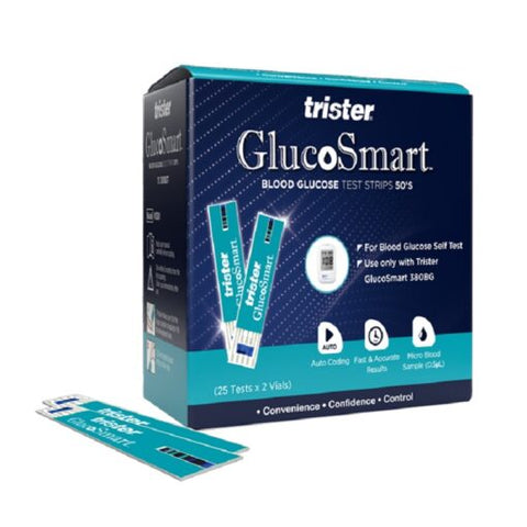 شرائط اختبار نسبة السكر في الدم الذكية من Trister Gluco، 50 شرائط