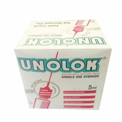 Unolok – حقنة للاستخدام مرة واحدة 5 ملليلتر بقفل لوير مع إبرة مقاس 23 جرام × 1.1/4 بوصة – علبة بها 100