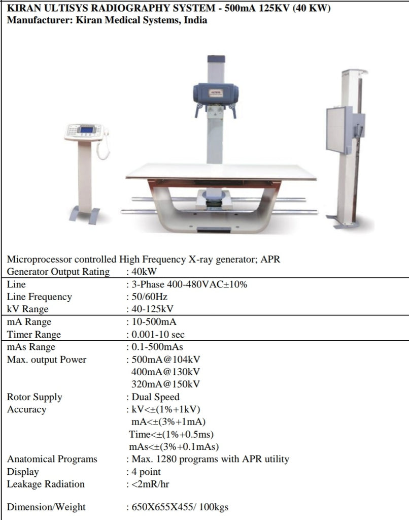 KIRAN ULTISYS RADIOGRAPHY SYSTEM - 500mA 125KV (40 KW) - 1Set