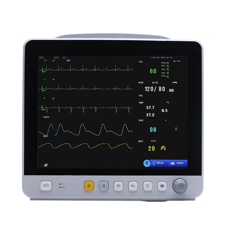 A multi-parameter patient monitor displaying vital signs in patient 
