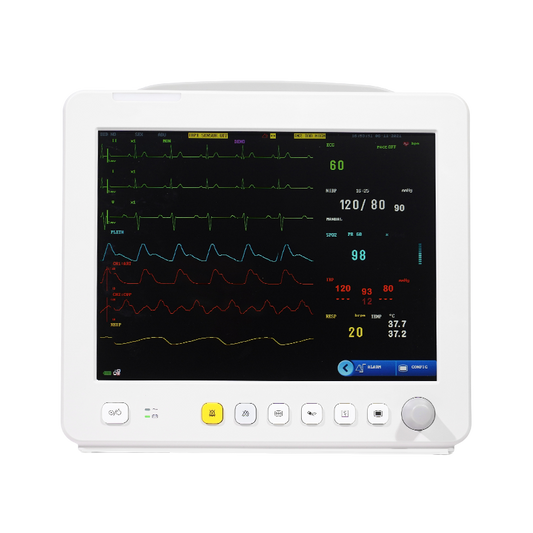 multi-parameter patient monitor displaying SpO2, NIBP, and temperature readings