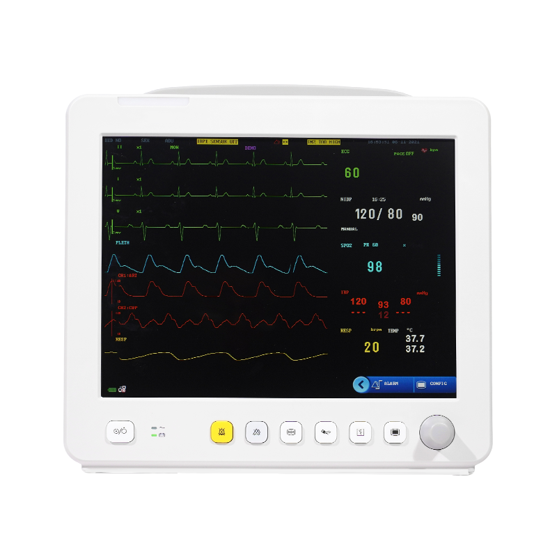 multi-parameter patient monitor displaying SpO2, NIBP, and temperature readings