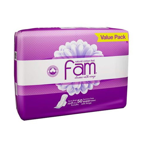 Fam – Classic With Wing Natural Cotton Feel,Maxi Thick, Super Sanitary Pads – 50 Pads