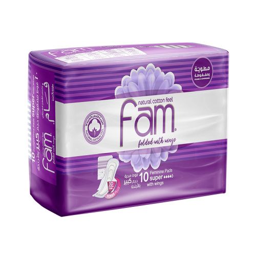 Fam – Natural Cotton Feel, Maxi Thick,Folded With Wings, Super Sanitary Pads – 10 Pads