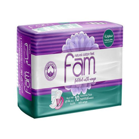 Fam – Natural Cotton Feel, Maxi Thick,Tri Fold With Wings, Normal Sanitary Pads – 10 Pads