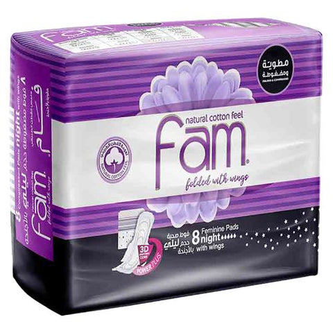 Fam – Natural Cotton Feel,Maxi Thick, Folded With Wings, Night Sanitary Pads – 8 Pads