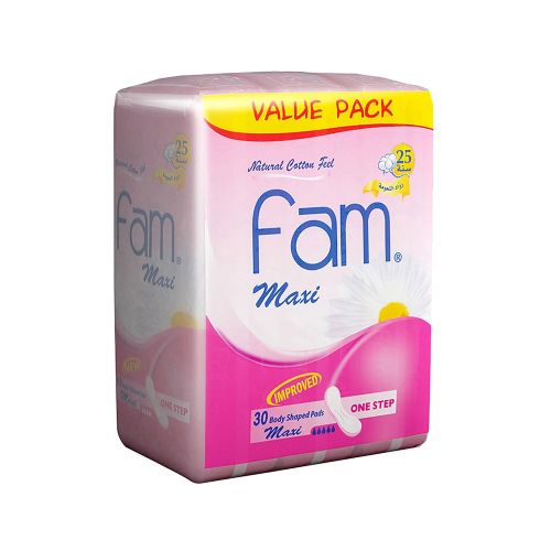 Fam – One Step Natural Cotton Feel, Maxi Thick, Non-Wings Super Sanitary Pads – 30 Pads