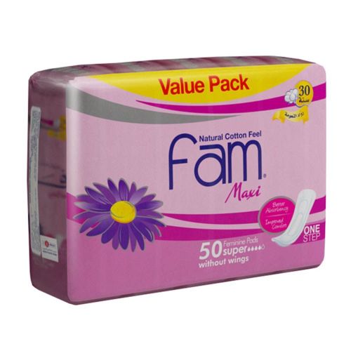 Fam – One Step Natural Cotton Feel Maxi Thick Non Wings Super Sanitary Pads – 50 Pads