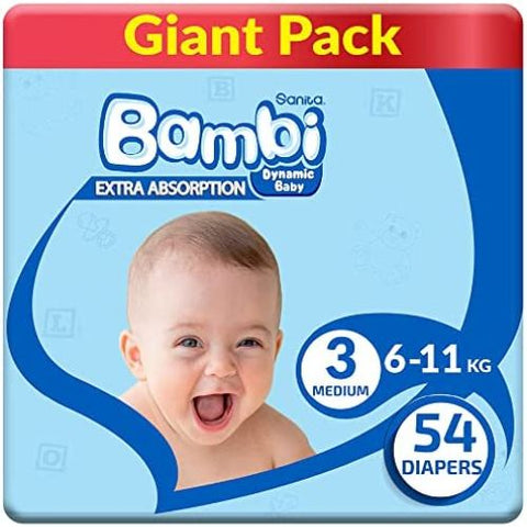 Sanita Bambi – Baby Diapers Giant Pack Size 3, Medium, 6-11kg – 54 Count