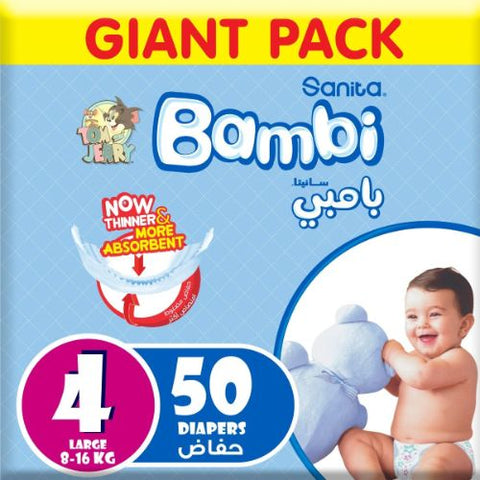 Sanita Bambi – Baby Diapers Giant Pack Size 4, Large, 8-16kg – 50 Count