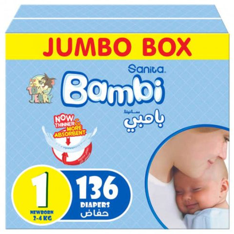 Sanita Bambi – Baby Diapers Jumbo Box Size 1, New Born, 2-4kg – 136 Count