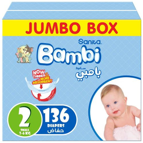 Sanita Bambi – Baby Diapers Jumbo Box Size 2, Small, 3-6kg – 136 Count