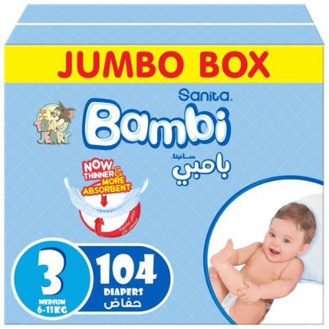 Sanita Bambi – Baby Diapers Jumbo Box Size 3, Medium, 6-11kg – 104 Count