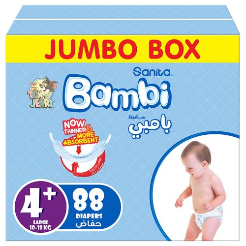 Sanita Bambi – Baby Diapers Jumbo Box Size 4+, Large plus, 10-18kg – 88 Count