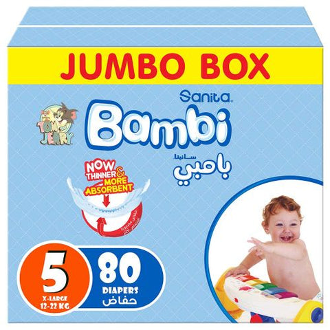 Sanita Bambi – Baby Diapers Jumbo Box Size 5, X-Large, 12-22kg – 80 Count