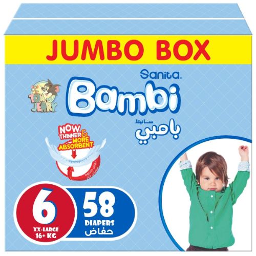 Sanita Bambi – Baby Diapers Jumbo Box Size 6, XX Large +16kg – 58 Count