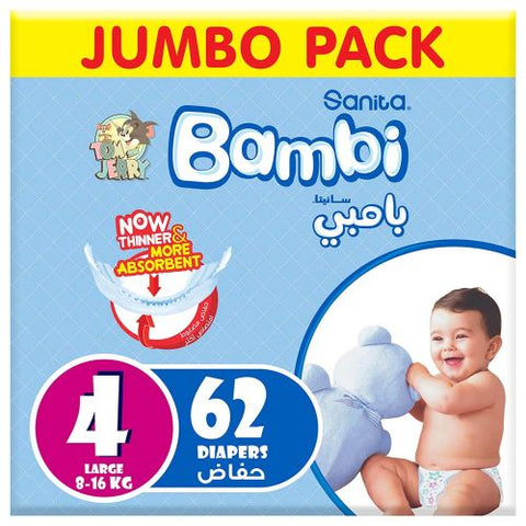 Sanita Bambi – Baby Diapers Jumbo Pack Size 4, Large, 8-16kg – 62 Count