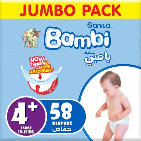 Sanita Bambi – Baby Diapers Jumbo Pack Size 4+, Large plus, 10-18kg – 58 Count