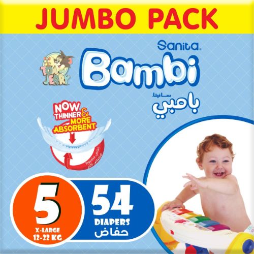 Sanita Bambi – Baby Diapers Jumbo Pack Size 5, X-Large, 12-22kg – 54 Count