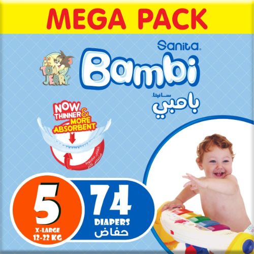 Sanita Bambi – Baby Diapers Mega Pack Size 5, X-Large, 12-22kg – 74 Count