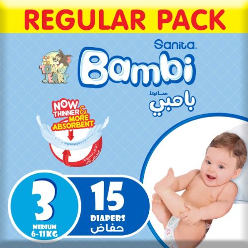 Sanita Bambi – babadoeke gewone pak grootte 3, medium, 6-11 kg – 15 tel