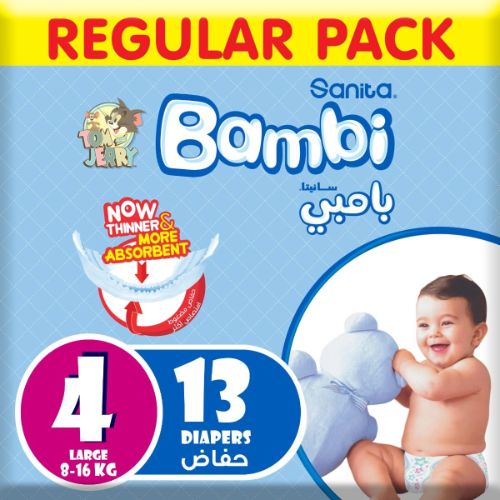 Sanita Bambi – Baby Diapers Regular Pack Size 4, Large, 8-16kg – 13 Count