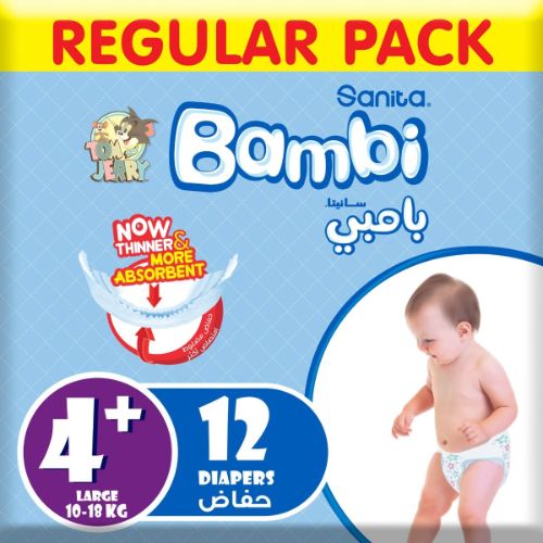 Sanita Bambi – Baby Diapers Regular Pack Size 4+, Large plus, 10-18kg – 12 Count