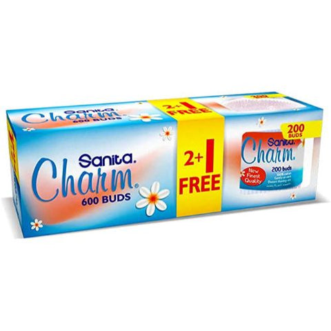 Sanita – Charm 100% Cotton Buds, 600 (200×2+1) buds